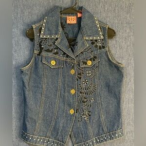 RR Denim Embroidered Studded Jean Vest - Blue